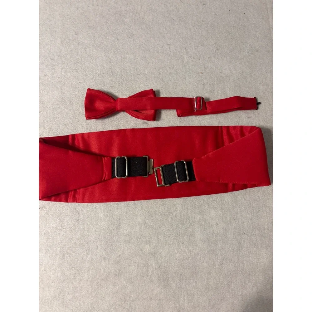 Unbranded Cummerbund Bow Tie‎ Set Mens OS Red Excellent Satin Pleated Formal